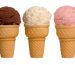 3 different flavors of ice cream cones... chocolate, vanilla, and strawberry